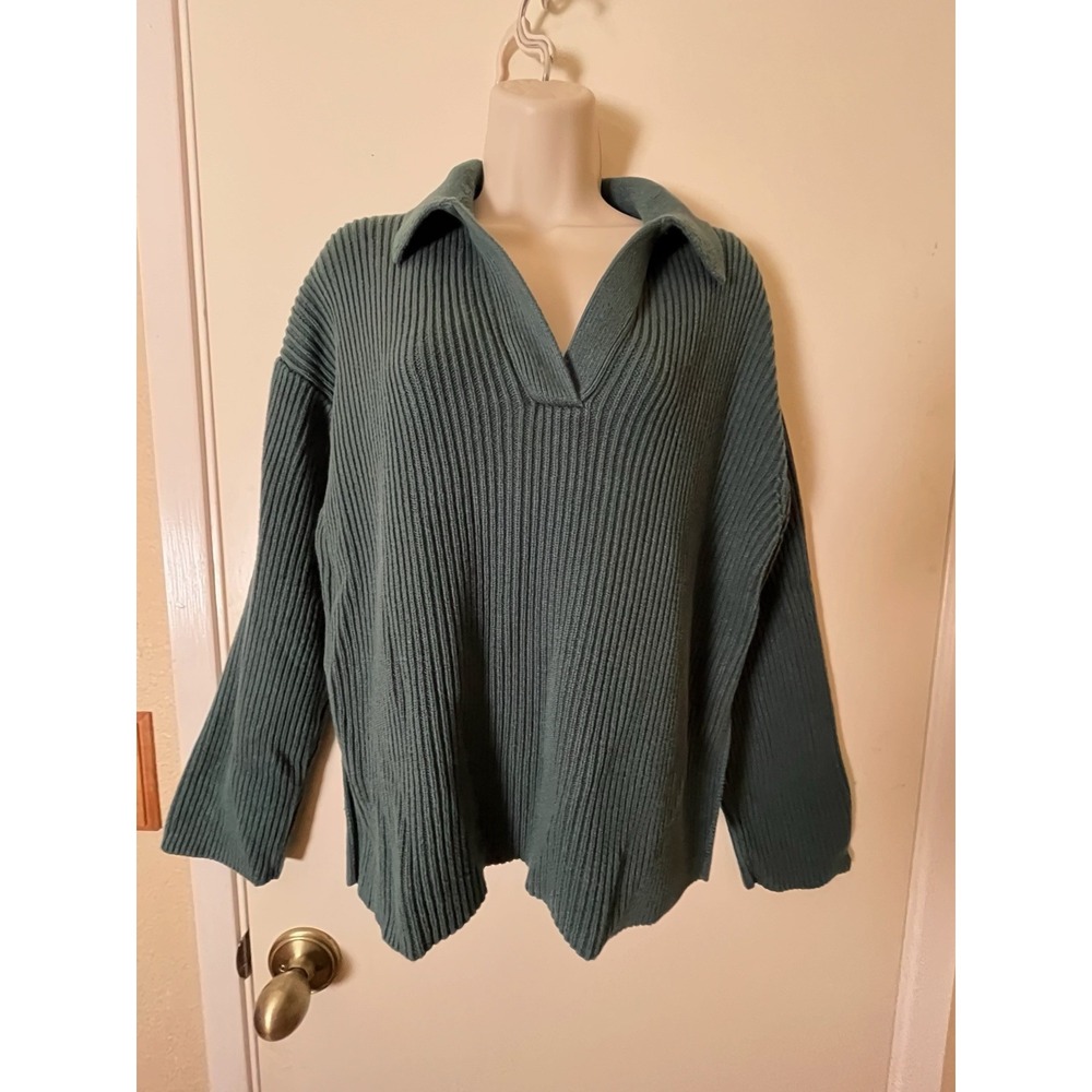 GAP 100% Cotton Sweater Sz S Green Collared Neckline Lagenlook Long Sleeve